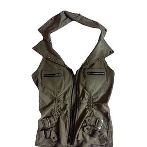 Army green khaki zipper motorcycle steampunk / grunge halter vest
